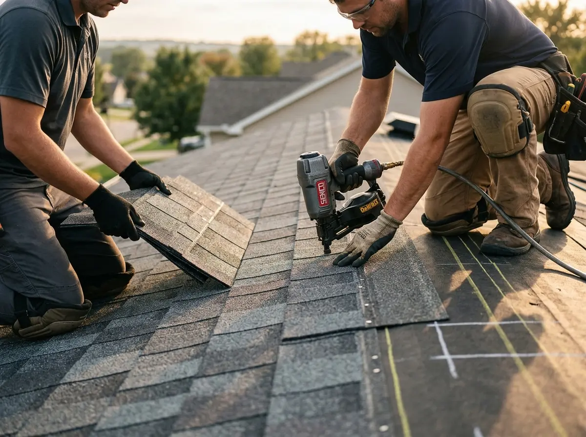 Professional roofer working on a residential roof in Long Branch